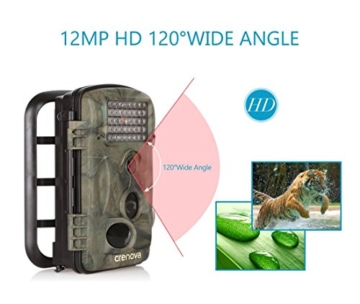 Crenova 12MP 1080P HD Wildkamera mit 16GB SD-Karte 120° Breite Vision Infrarote 20m Nachtsicht 2.4