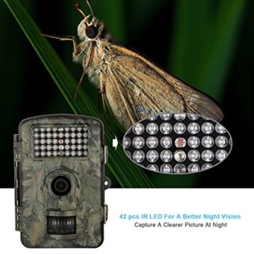 WildKamera Aoleca 12 Millionen Pixel Auflösung 1080P HD Wildlife Kamera 120° Grad Weitwinkel Wasserdichte IP54 Jagd Trail Kamera und Nachtsichtfunktion durch mit 42 IR LEDs und Bewegungserkennung ideal für Wildbeobachtung, Spiel, zur Überwachung und zum Auskundschaften（32GB Kapazität ) - 